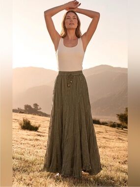 NWT: Young Threads “Terra Soul” Olive Green Ruffle Tiered Maxi Skirt• Medium